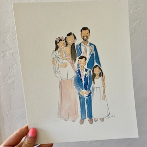 May include: Watercolor family portrait featuring a group of six people. The subjects are dressed in formal attire, with the men in blue suits and the women in dresses. The artwork is on a white paper.