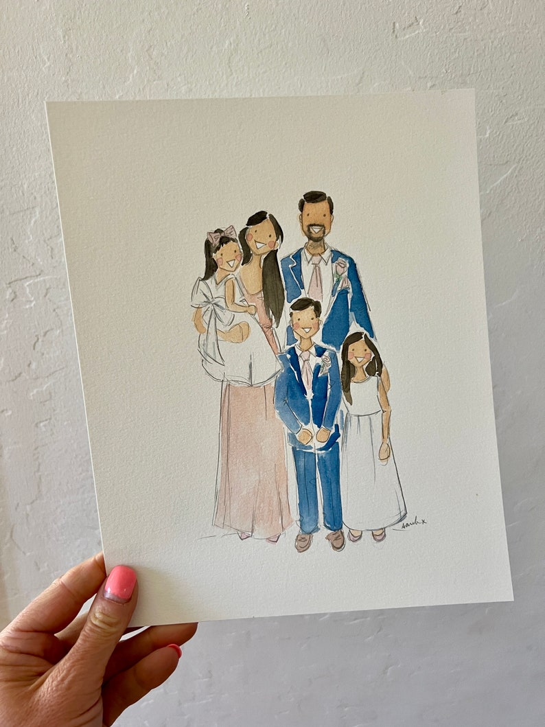 May include: Watercolor family portrait featuring a group of six people. The subjects are dressed in formal attire, with the men in blue suits and the women in dresses. The artwork is on a white paper.