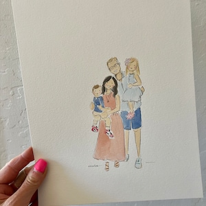May include: Watercolor family portrait on paper. The artwork depicts a family of four, with the parents and two children. The mother wears a peach dress, and the father holds the older child. The artist's signature is visible.