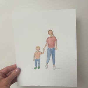 May include: Watercolor illustration of a person and a child holding hands. The person wears a red shirt and blue jeans, while the child wears a similar outfit. The artwork is on white paper.