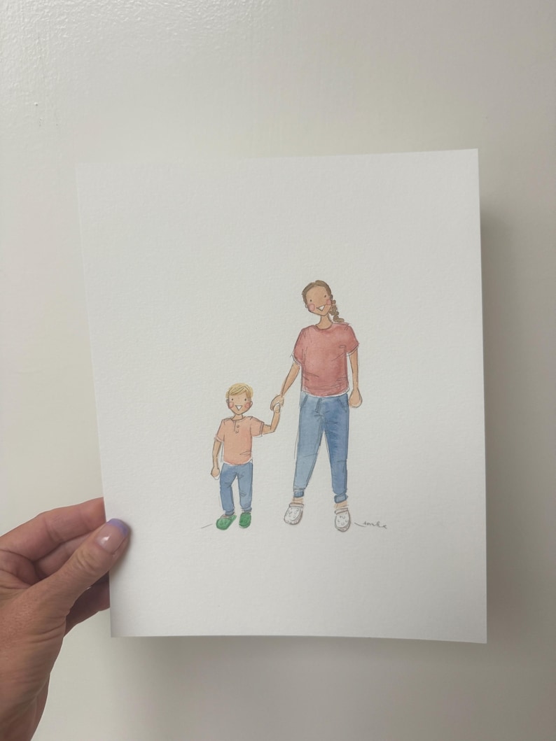 May include: Watercolor illustration of a person and a child holding hands. The person wears a red shirt and blue jeans, while the child wears a similar outfit. The artwork is on white paper.