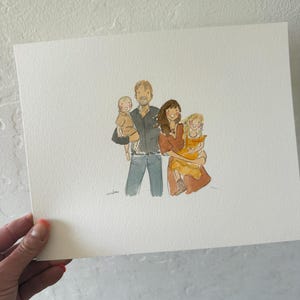 May include: Watercolor family portrait featuring a family of four. The artwork depicts a father, mother, and two children, rendered in soft, muted tones. The family is dressed in casual attire, with the children in yellow and brown outfits. The artwork is signed.