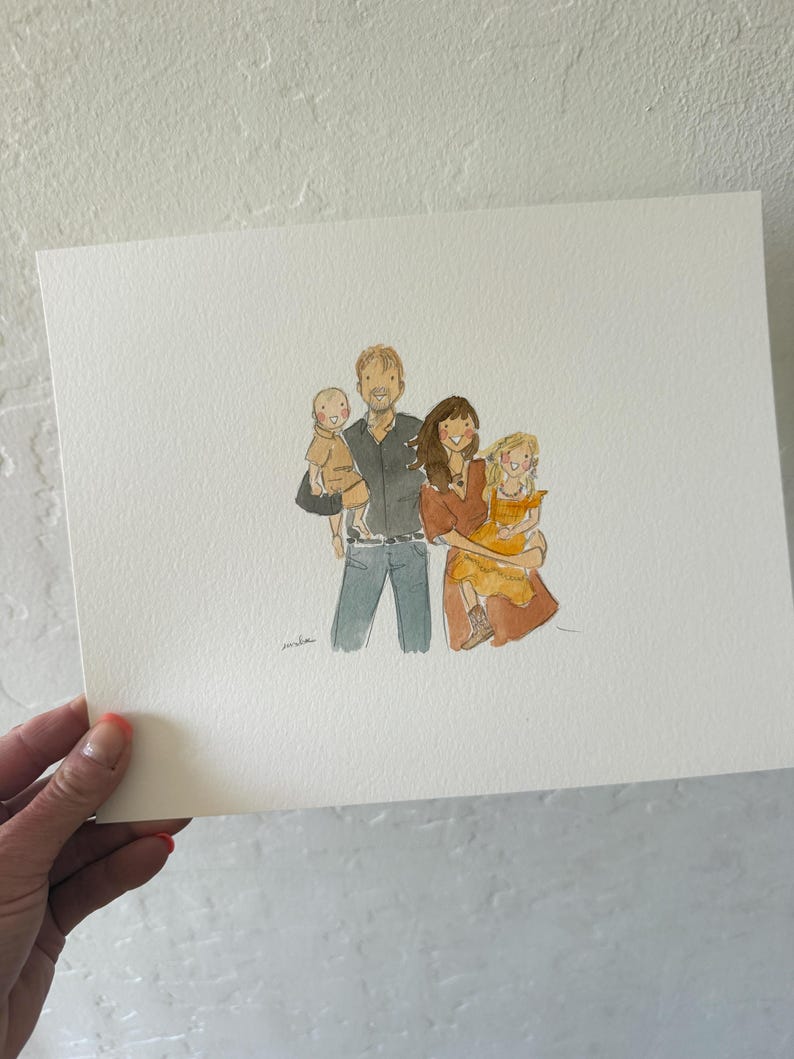 May include: Watercolor family portrait featuring a family of four. The artwork depicts a father, mother, and two children, rendered in soft, muted tones. The family is dressed in casual attire, with the children in yellow and brown outfits. The artwork is signed.