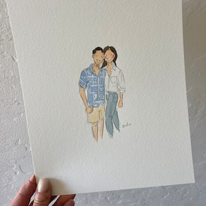 May include: Watercolor illustration of a couple. The man wears a blue patterned shirt and khaki shorts. The woman wears a white button-down shirt and blue jeans. The artwork is on white paper.