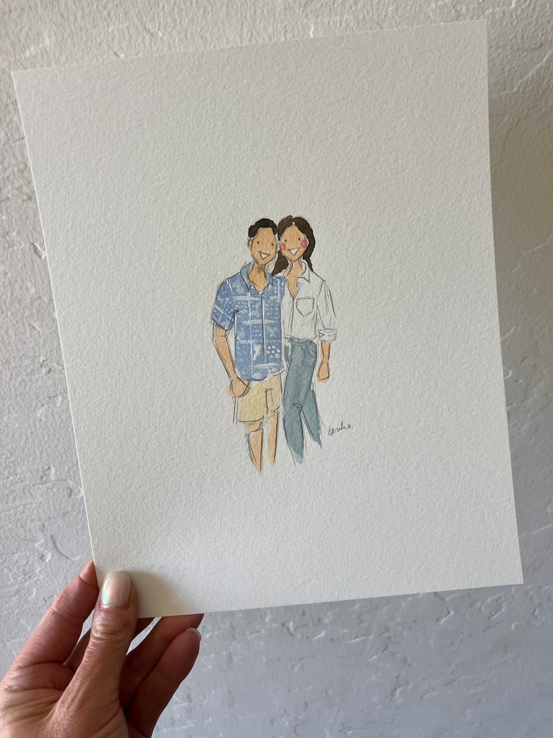 May include: Watercolor illustration of a couple. The man wears a blue patterned shirt and khaki shorts. The woman wears a white button-down shirt and blue jeans. The artwork is on white paper.