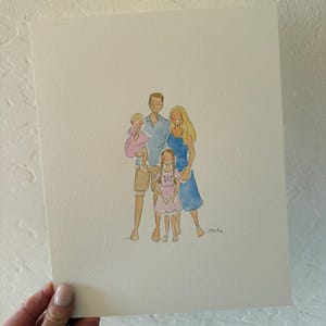 May include: Watercolor family portrait featuring a family of five. The artwork depicts a man in a blue shirt, a woman in a blue dress, and three children in pink dresses and shorts. The portrait is on a white paper.