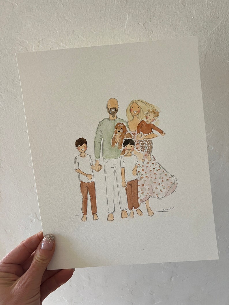 May include: Watercolor portrait of a family of five, plus a dog. The artwork features a man, woman, and three children, all in casual attire. The color palette includes soft greens, browns, and whites, creating a warm and inviting feel.