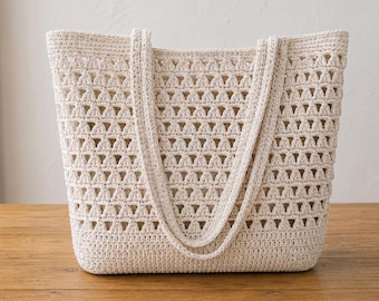 Textured V-Stitch Crochet Tote Bag Pattern, Beginner Cotton Market Bag (PDF)