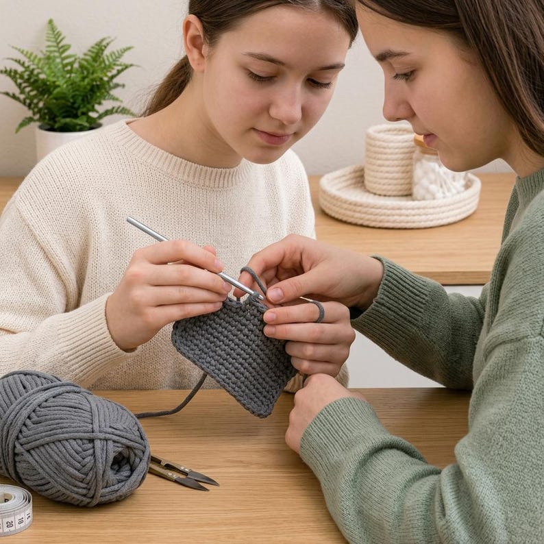 May include: A silver crochet hook is being used to work on a piece of dark gray yarn fabric. A ball of dark gray yarn, a pair of small metal scissors, and a white measuring tape are present. The yarn fabric features a consistent stitch pattern.