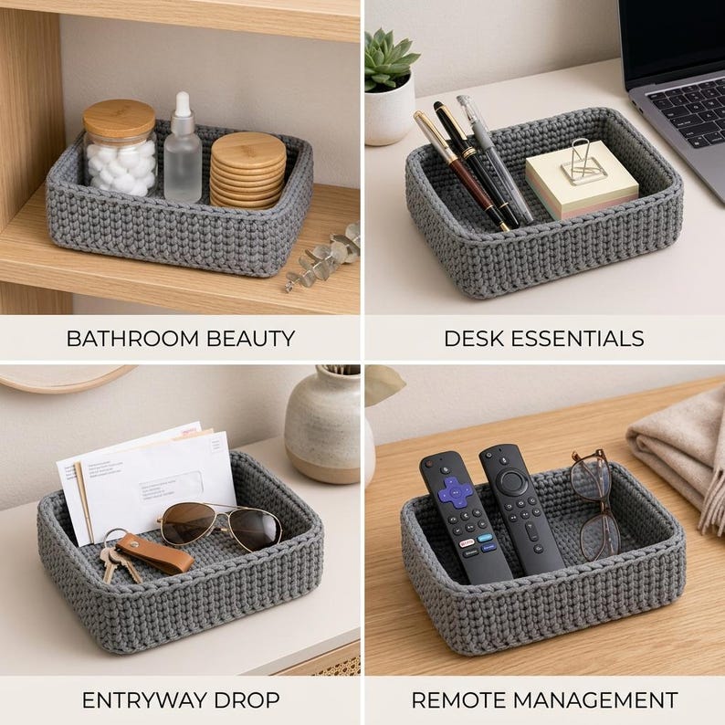 May include: A rectangular gray crochet storage basket with a thick, textured knit pattern. The basket is shown in four different settings, holding bathroom supplies, desk stationery, entryway items like keys and sunglasses, and television remotes.