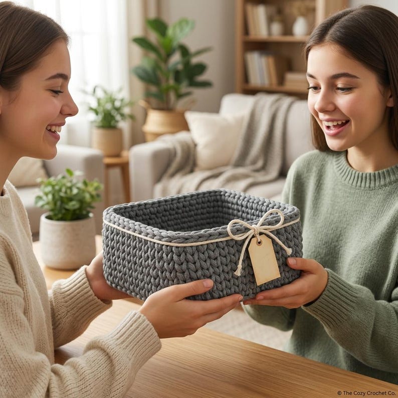 May include: A square, dark gray crocheted basket made of thick yarn. The basket features a cream-colored cord trim around the top edge, tied into a bow on one side. A small, rectangular, blank beige tag hangs from the cord bow.