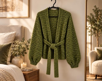 Handmade Olive Green Crochet Cardigan, Tie Front Wrap Sweater, Boho Cottagecore Style