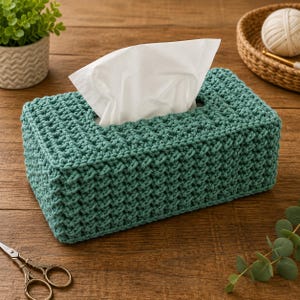 Pode incluir: Uma capa retangular para caixa de lenços com um padrão de crochê texturizado na cor verde-azulado. A capa é construída com um tecido de fio grosso e possui uma abertura central no topo, através da qual um lenço branco é exibido.