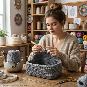 May include: A rectangular grey crochet basket made from t-shirt yarn, being worked on with a wooden crochet hook. A grey yarn spool sits in a ceramic yarn bowl nearby, alongside a white measuring tape and gold scissors on a wooden table.