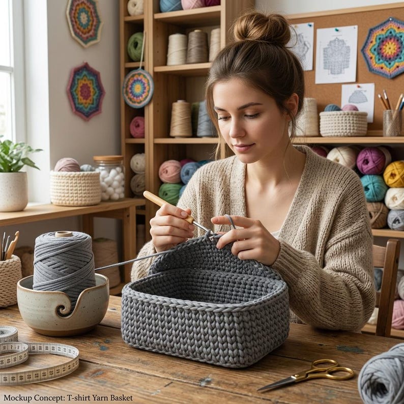 May include: A rectangular grey crochet basket made from t-shirt yarn, being worked on with a wooden crochet hook. A grey yarn spool sits in a ceramic yarn bowl nearby, alongside a white measuring tape and gold scissors on a wooden table.