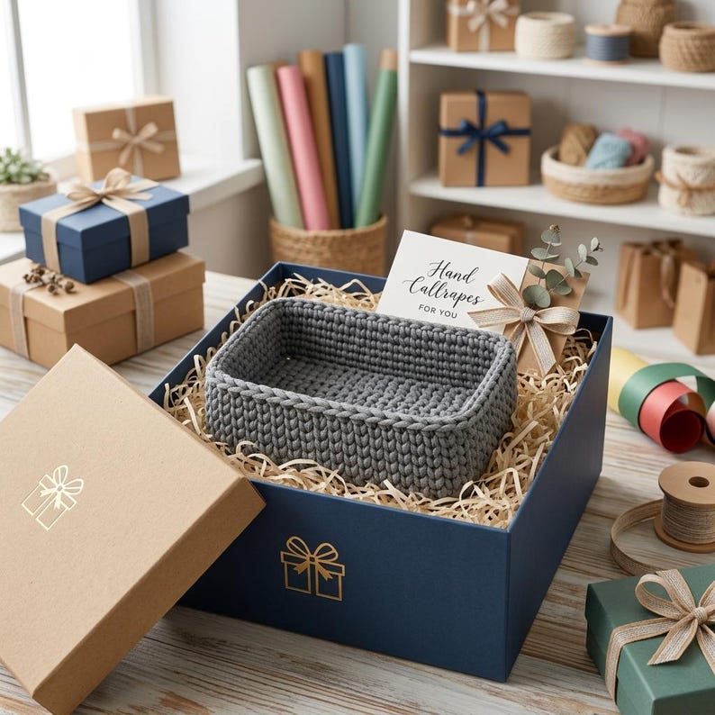 May include: A rectangular dark gray crocheted basket sits inside a large navy blue gift box filled with shredded paper filler. A white card with the text Hand Callrapes FOR YOU and a small sprig of eucalyptus are tucked into the box.
