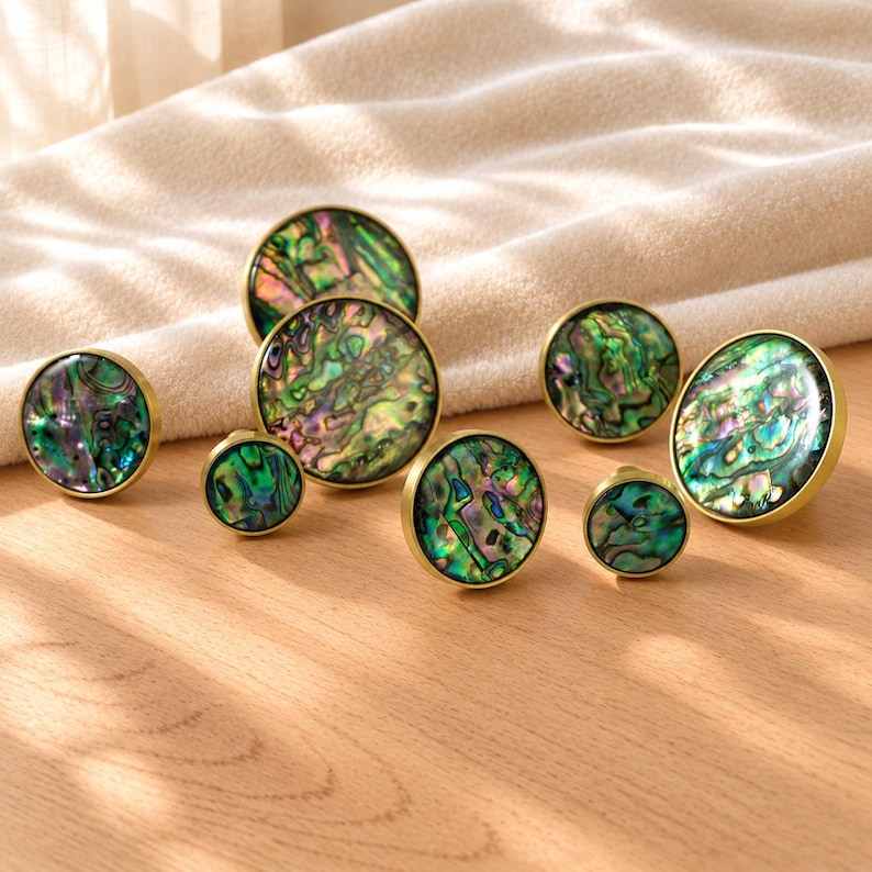 Abalone Shell skåpknoppar, skimrande byråknoppar, möbelbeslag i mässing bild 1