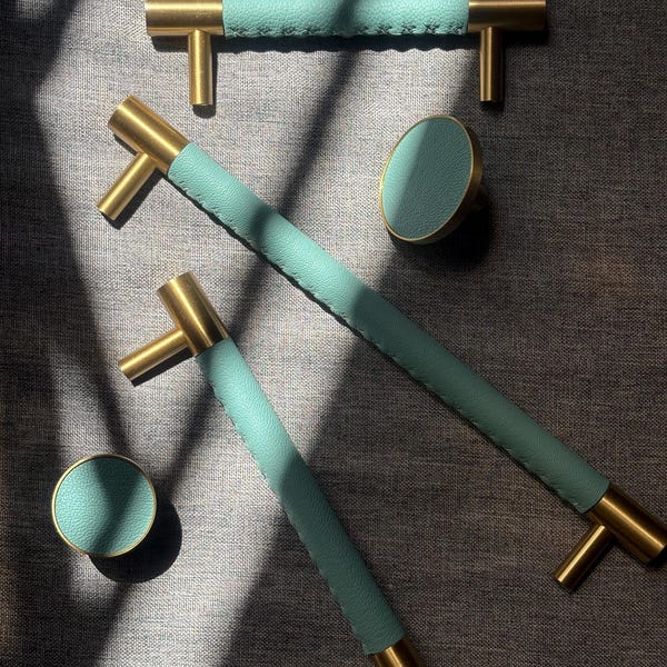 Turquoise Leather Cabinet Pulls, Leather Wrapped Solid Brass Handles, Modern Eclectic Kitchen Hardware