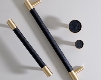 Tiradores de armario de cuero negro, tiradores de cajón de latón macizo, herrajes para muebles de estilo ecléctico, tiradores de cocina modernos.