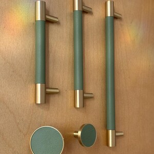 Tiradores de armario de cuero color salvia, tiradores de latón modernos y orgánicos, herrajes de cocina minimalistas.