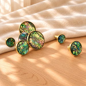 Abalone Shell skåpknoppar, skimrande byråknoppar, möbelbeslag i mässing bild 2