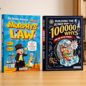 May include: Two hardcover books standing upright. The left book is light blue with the title Murphy's Law and an illustration of a person in a top hat. The right book is dark blue with the title Building the Ultimate Brain 100000 Whys.