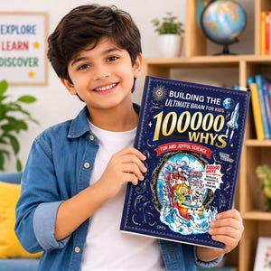 May include: A hardcover book titled Building the Ultimate Brain for Kids 100000 Whys Fun and Joyful Science. The dark blue cover features gold text, a rocket ship, and a circular illustration of cartoon animals in a red vehicle on water.