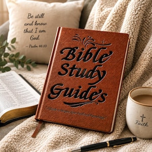 May include: A brown leather-bound Bible study guide with the text "Bible Study Guides" and "A Guide to Deepen Your Faith and Knowledge" embossed on the front cover, accompanied by an open Bible, a white ceramic mug with a cross and "Faith" text.