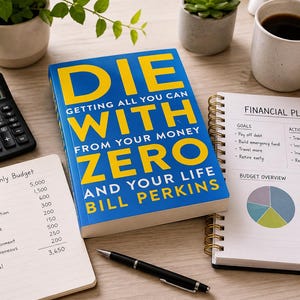 May include: A book titled Die With Zero by Bill Perkins with a blue cover and yellow text, positioned between a black calculator, a spiral-bound monthly budget notebook, a spiral-bound financial plan notebook with a pie chart, and a black pen.