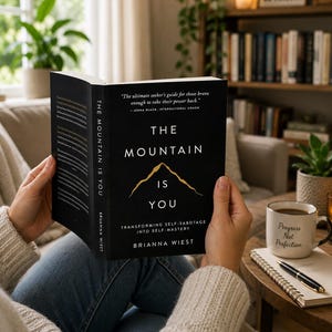 May include: A black book titled The Mountain Is You by Brianna Wiest with a gold mountain graphic on the cover. The book features the subtitle Transforming Self-Sabotage Into Self-Mastery and a quote by Jenna Black on the front cover.
