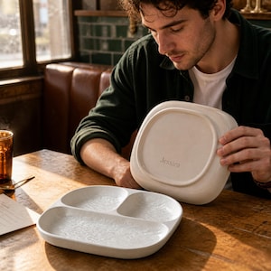 Custom Japanese Ceramic Divided Plate, 3-Compartment Portion Control Plate for One-Person Meals, Breakfast & Dieting