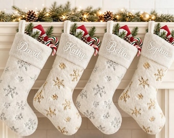Calza di Natale personalizzata, calza con nome ricamato personalizzato, decorazione natalizia a forma di fiocco di neve, regalo di Natale per la famiglia.