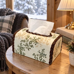 Floral Ceramic Tissue Box Cover, Rectangular Napkin Holder, Twisted Rope Trim, Living Room Housewarming Gift