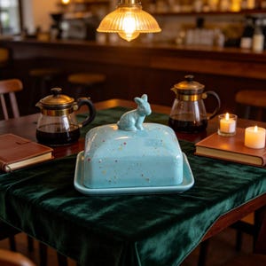 May include: A light blue ceramic butter dish with a square base and a matching lid topped with a small rabbit figurine. The surface of the lid features a speckled pattern with tiny dots of various colors including red, yellow, and orange.