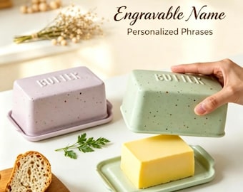Butterdose mit gesprenkeltem Deckel, individuell gestaltete Butterdose aus Keramik mit geprägtem Schriftzug „BUTTER“ zur Aufbewahrung von Käse und anderen Lebensmitteln