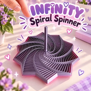 Pode incluir: Um brinquedo Infinity Spiral Spinner roxo com um poste central vertical e um design geométrico em forma de estrela de várias camadas. O texto Infinity Spiral Spinner é exibido acima do objeto em uma fonte roxa estilizada com corações.