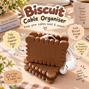 Pode incluir: Um organizador de cabos retangular castanho em forma de bolacha com bordas recortadas e pequenas reentrâncias na superfície. O organizador contém auriculares brancos com fio e um cabo de carregamento, com o texto Biscuit Cable Organiser.