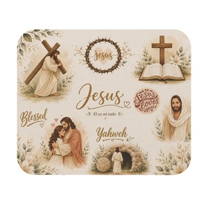 May include: A rectangular mat featuring religious illustrations in soft earth tones. Scenes include Jesus carrying a cross, an open Bible, a crown of thorns, and a figure standing before a tomb. Text includes Jesus, Blessed, Yahweh, and El es mi todo.