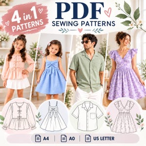 Könnte beinhalten: Ein 4-in-1 PDF-Schnittmuster-Set mit vier Kleidungsstücken: eine langärmelige rosa Bluse mit Schleifen, ein blaues ärmelloses Kleid mit Schleife, ein grünes kurzärmeliges Hemd und ein violettes geblümtes Kleid mit flatternden Ärmeln.