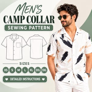 Könnte beinhalten: Ein Schnittmuster für ein Hemd mit Camp-Kragen mit dem Text MEN'S CAMP COLLAR SEWING PATTERN, SIZES und DETAILED INSTRUCTIONS. Das Bild zeigt ein weißes Kurzarmhemd mit schwarzen und beigen Pinselstrichmustern sowie eine technische Zeichnung.