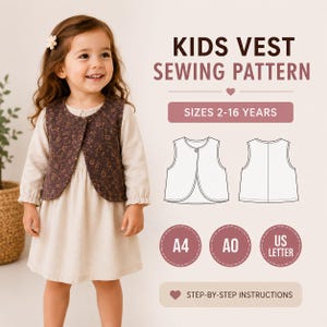 Kids Vest Sewing Pattern PDF: Reversible Quilted Toddler & Baby Vest Template, Unisex Children's Waistcoat, Sizes 3M–10Y, A4 A0 Letter