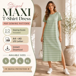 Peut inclure: Une robe t-shirt longue vert sauge à rayures horizontales blanches, manches courtes et fente latérale. L'image contient le texte : Striped MAXI T-Shirt Dress, PDF SEWING PATTERN, Sewing Guide Included, A4, A0, US Letter, Instant Download, S, M, L, XL.