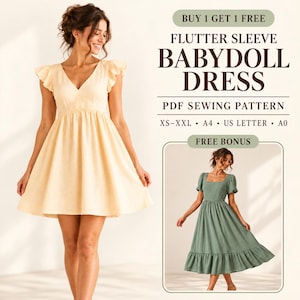 Puede incluir: Patrón de costura en PDF para vestido babydoll con mangas de volante, tallas XS-XXL, formatos A4, US letter y A0. Incluye un patrón extra gratuito para un vestido midi verde con mangas cortas abullonadas y falda con volantes.