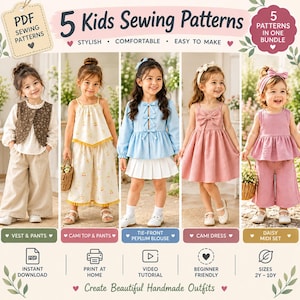 Op de afbeelding: Een digitale bundel met 5 naaipatronen voor kinderen, waaronder een vest en broek, camitop en broek, peplumblouse met striksluiting, camijurk en een daisy midi-set, getoond op vijf kinderen met bijbehorende labels voor elk kledingontwerp.