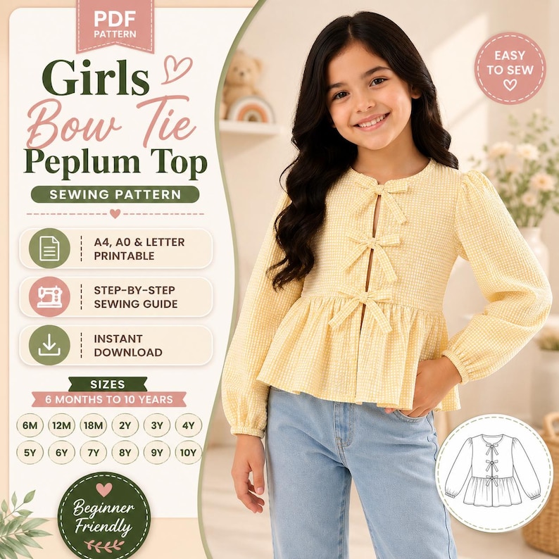 Basque Classic Patterns Patron de couture PDF pour haut péplum à nœud papillon pour fille ...