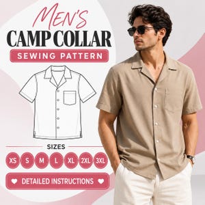 May include: A sewing pattern for a camp collar shirt with short sleeves and a chest pocket. The graphic includes the text MEN'S CAMP COLLAR SEWING PATTERN, size circles from XS to 3XL, and a line drawing of the shirt design.