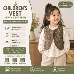 Op de afbeelding: Een digitaal naaipatroon voor een kindervest, met de tekst CHILDREN'S VEST SEWING PATTERN, SEWING GUIDE INCLUDED, A4 + A0 US LETTER, INSTANT DOWNLOAD, en een lijst met maten van 9-12 M tot 8-9 Y, met een foto van een kind dat het vest draagt.
