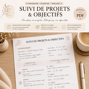 Template Suivi de Projet & Objectifs PDF | Project Planner Minimaliste Beige | Carnet de Bord Numérique, Organisation - Productivité
