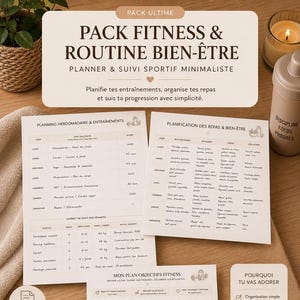 Pack Fitness Routine Bien Etre Planner Objectifs Sport Suivi Poids Repas Bilan Mensuel Template Imprimable Minimaliste A4 US Letter
