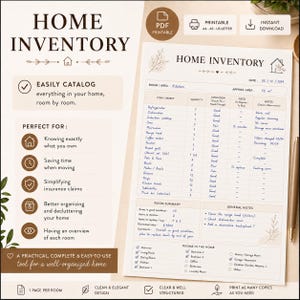 Peut inclure: Un document d'inventaire de maison imprimable comprenant un tableau structuré pour suivre les objets, les quantités, l'état et les notes. La mise en page inclut des sections pour les résumés de pièces, des notes et une liste des pièces.